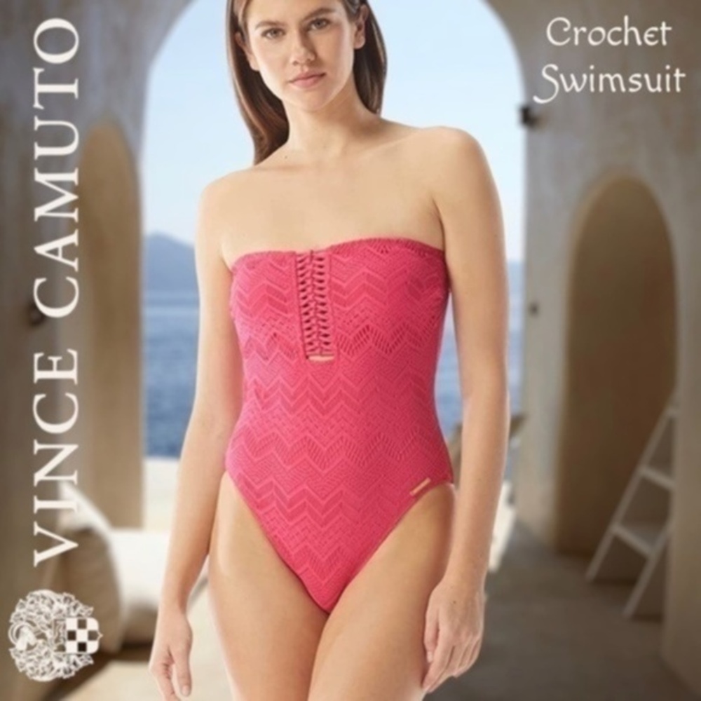 VINCE CAMUTO Crochet Lace One-Piece Removable Strap Bandeau Swimsuit NWT/Sz.12